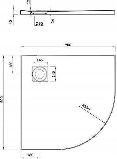 Slim Ημικυκλική Πορσελάνινη Ντουζιέρα 90x90cm Λευκή