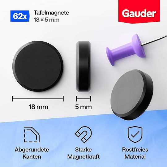 Set of 62 Strong Round Gauder Magnets Magnetic Surface Whiteboard Refrigerator 18 x 5 mm Black