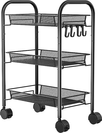 Metallic Kitchen Cart Shelf 3 Shelves 4 Hooks Black 44x26x64cm Metallic Kitchen Cart Shelf 3 Shelves 4 Hooks Black 44x26x64cm
