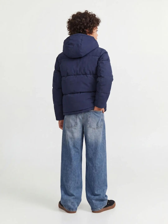 Jjgalaxy Geacă pentru copii matlasată lungă cu căptușeală și glugă Dark Navy