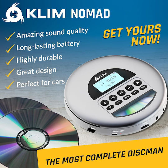 Player CD Portabil Bluetooth Radio FM Cititor Card TF Protecție Anti-șoc Dublu Mufă Jack Baterie Reîncărcabilă Cablu Aux Klim Fusion Căști Incluse Conexiune Sistem Audio Auto
