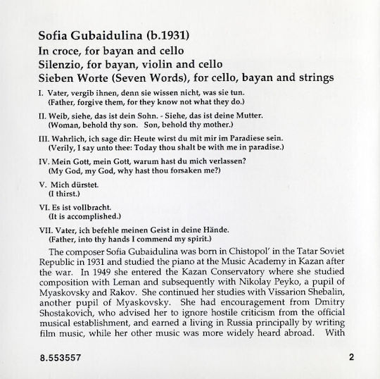 Gubaidulina* Maria Kliegel Elsbeth Moser Kathrin Rabus Camerata Transsylvanica György Selmeczi Seven Words Silenzio In Croce Cd