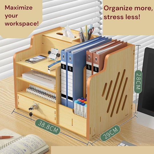 Organizator de Birou din Lemn cu 9 Compartimente Organizator pentru Sertar pentru Chei Documente A4 Accesorii pentru Bibliorafturi 38.8 X 29 X 28 Cm Galben Deschis