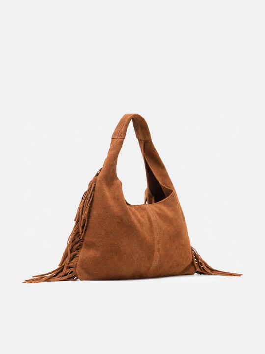 Fabric Women's Suede Shoulder Bag With Brown Fringes
