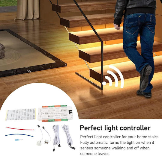 Kit Iluminare Inteligentă Scări Până La 32 De Trepte Senzori De Mișcare Bandă Led Alimentare Alb Cald