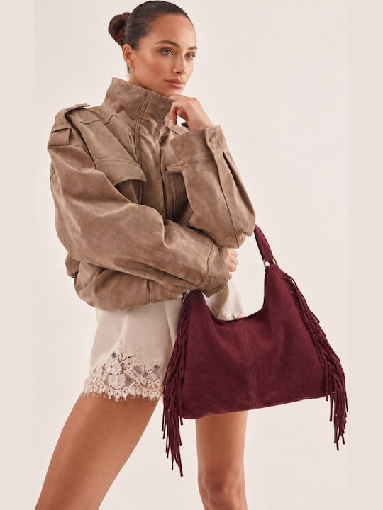 Fabric Women's Suede Shoulder Bag With Burgundy Fringes