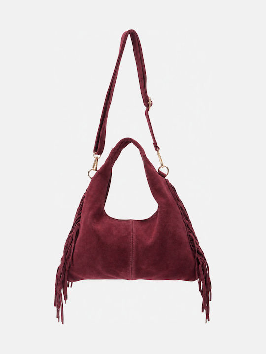 Fabric Women's Suede Shoulder Bag With Burgundy Fringes