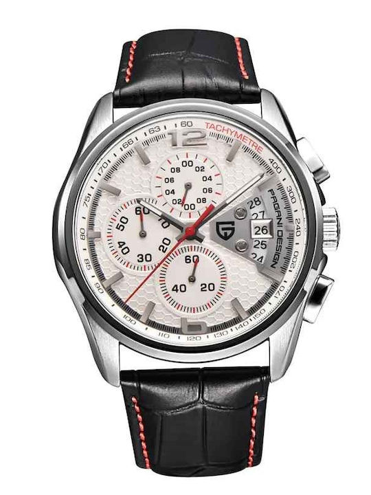 Pagani Design Ανδρικό Ρολόι 44mm Χρονογράφος Μπαταρίας με Δερμάτινο Λουράκι White