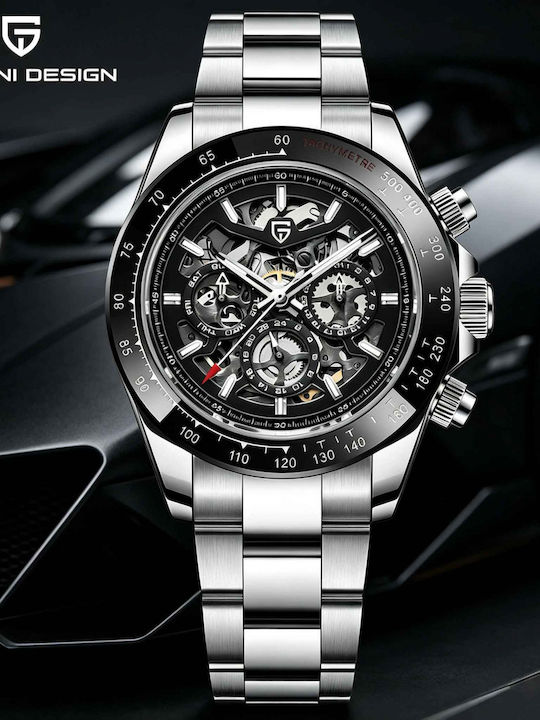 Pagani Design Ceas Bărbătesc 40mm Cronograf Automat cu Brățară din Oțel Silver/black