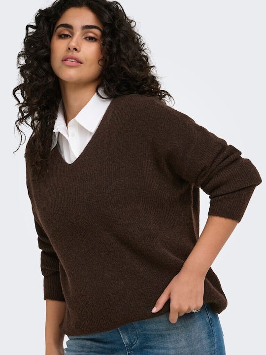 Women's Long Sleeve Sweater with V-Neck Brown