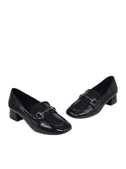 Loafer Pantofi Cu Toc Din Lac Negri