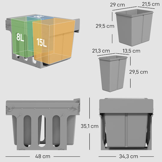 HomCom Metal Recycling Bin Metallic 31lt Grey