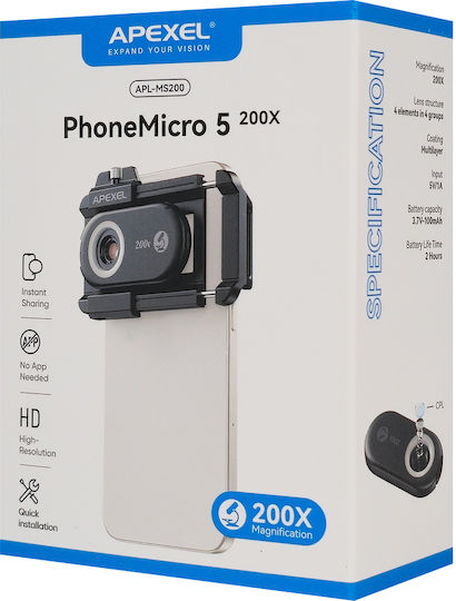 Apexel Smartphone Microscope Lens Apl-ms200 200x Zoom Led Uv