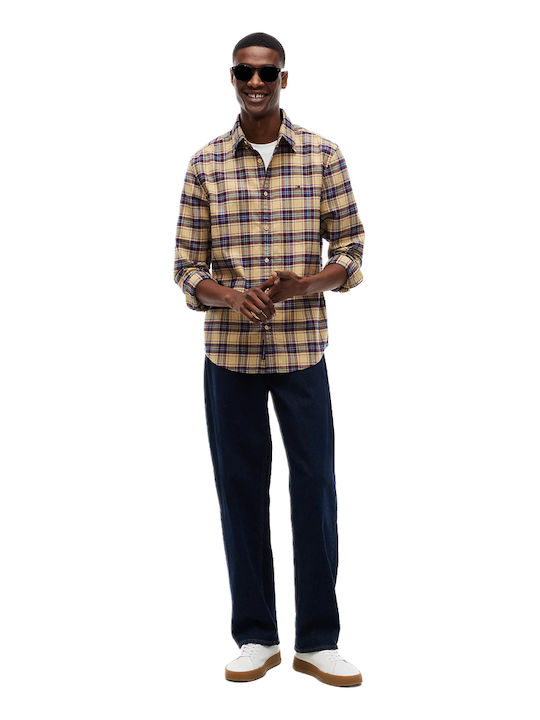 Long Sleeve Flannel Shirt in Regular Fit Checked Camel Blue Burgundy