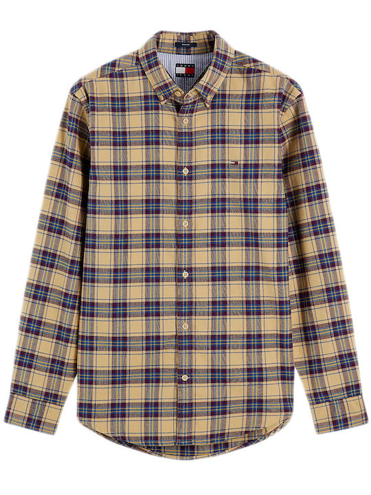 Long Sleeve Flannel Shirt in Regular Fit Checked Camel Blue Burgundy