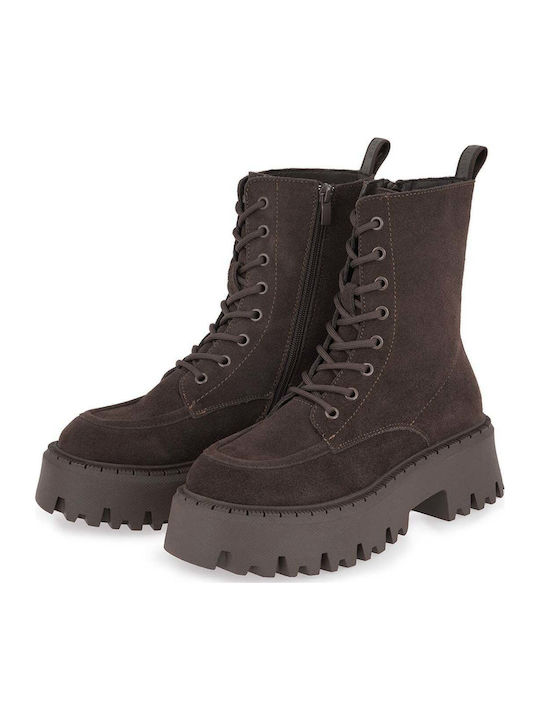 Suede Women's Combat Boots with Mid Heel Brown