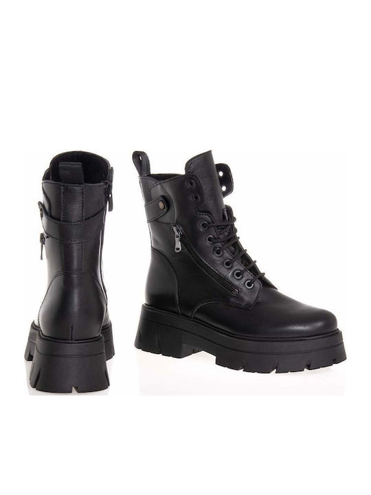 Leder Damen Kampfstiefel Schwarz