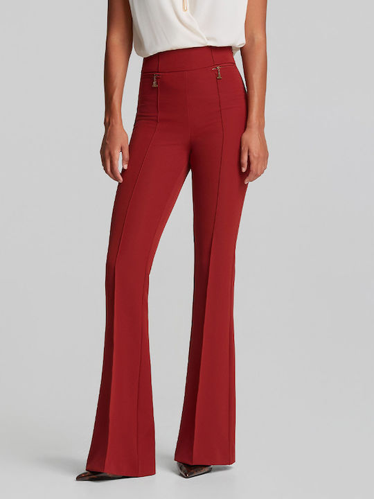 Women's High Rise Fabric Flared Trousers in Regular Fit Red