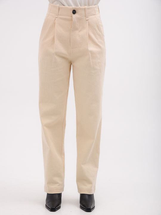 Damen Hochbund Stoffhose in Lose Passform Beige