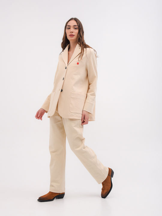 Damen Hochbund Stoffhose in Lose Passform Beige