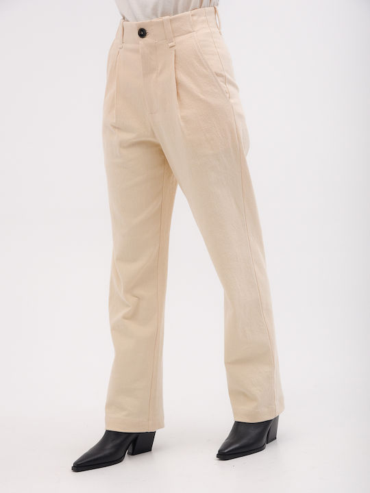 Damen Hochbund Stoffhose in Lose Passform Beige