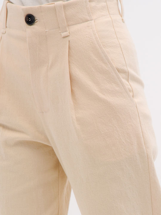 Damen Hochbund Stoffhose in Lose Passform Beige