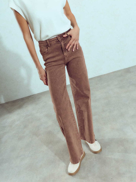 Celestino Γυναικείο Τζιν Wide Leg Loose Fit Καφέ
