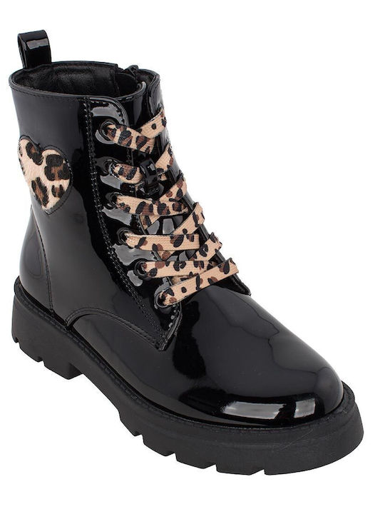 Leather Kids Military Boots with Zipper Black