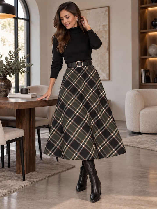 High Waist Midi Checked Skirt Cypress