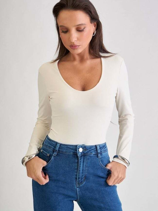 Damen-Bodysuit Mit Tiefem Ausschnitt Beige