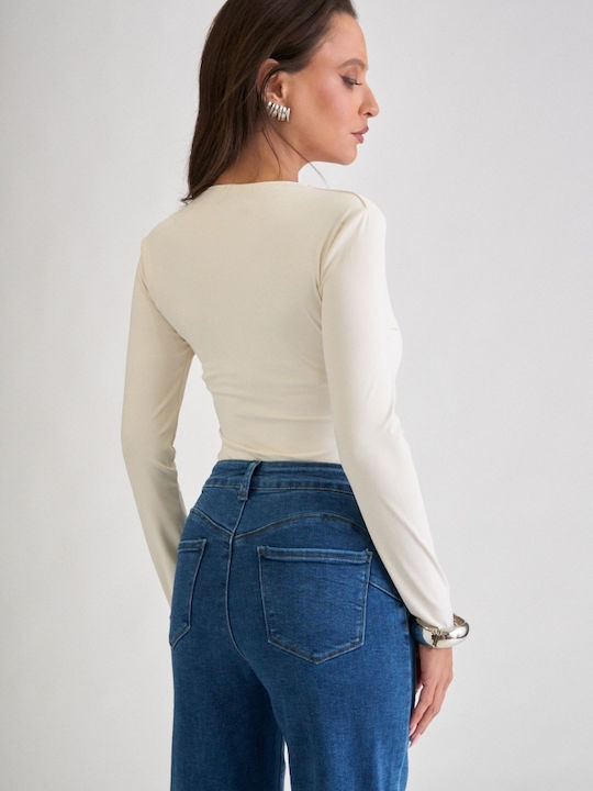 Damen-Bodysuit Mit Tiefem Ausschnitt Beige
