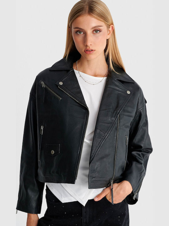 Δερμάτινο Γυναικείο Biker Jacket Μαύρο