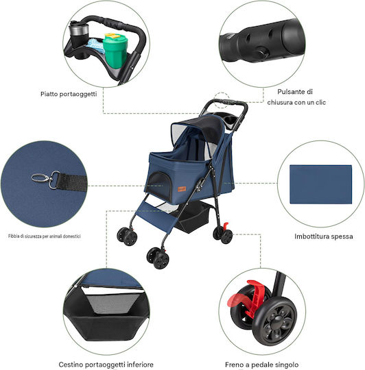Bakaji Dog and Cat Transport Stroller up to 30kg Blue L100xW65xH50cm