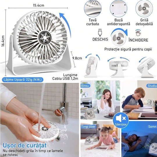 Ventilator Portabil Mic USB Birou 3 Viteze Cablu USB 1.2 M Type-C Rotație 360° Grilaj Detașabil Silențios Birou Dormitor Alb