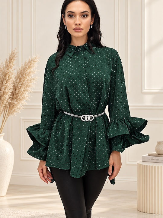 Дълъг Ръкав Дамска Кожена Риза Emerald Green