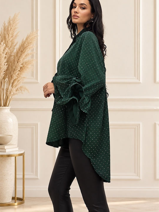 Дълъг Ръкав Дамска Кожена Риза Emerald Green
