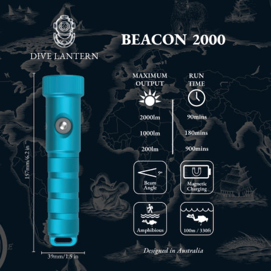 Dive Lantern Beacon Водолазен Фенер Презареждащ LED с Яркост 2000lm за Дълбочина до 100m