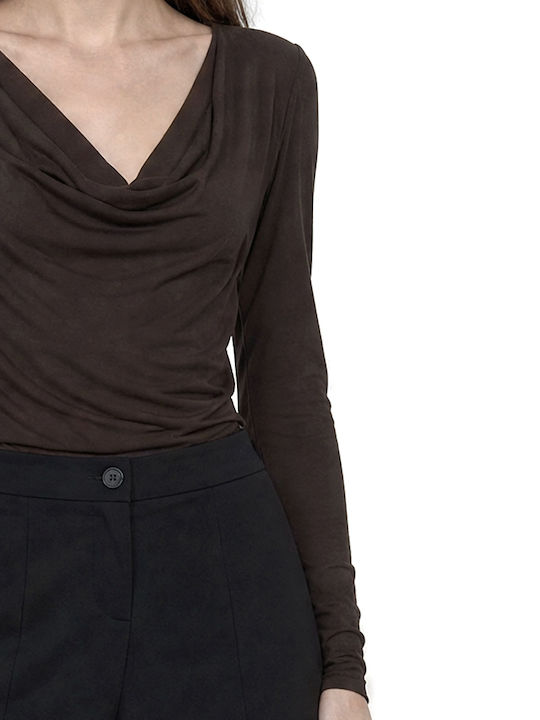Damen Bluse Langärmelig Drapierung  Braun