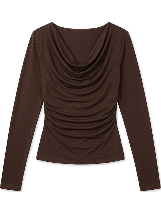 Damen Bluse Langärmelig Drapierung  Braun