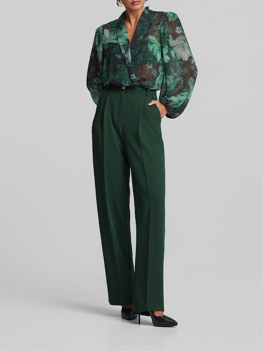Women's High Rise Crepe Trousers in Loose Fit Dark Green