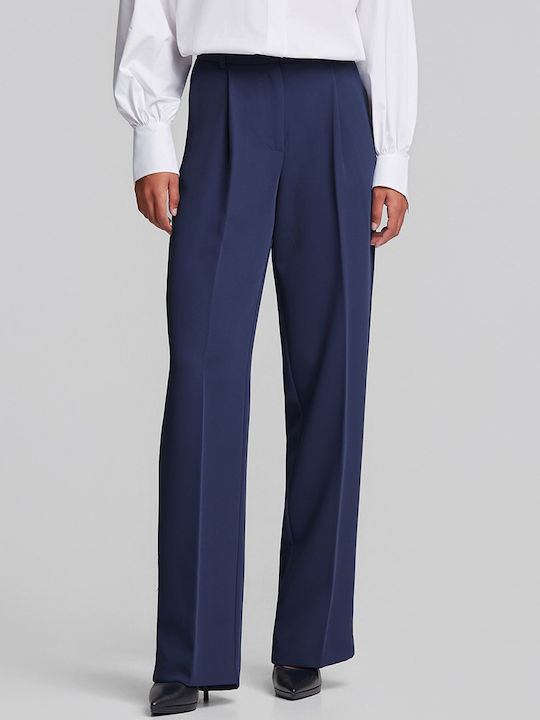Women's High Rise Crepe Trousers in Loose Fit Blue