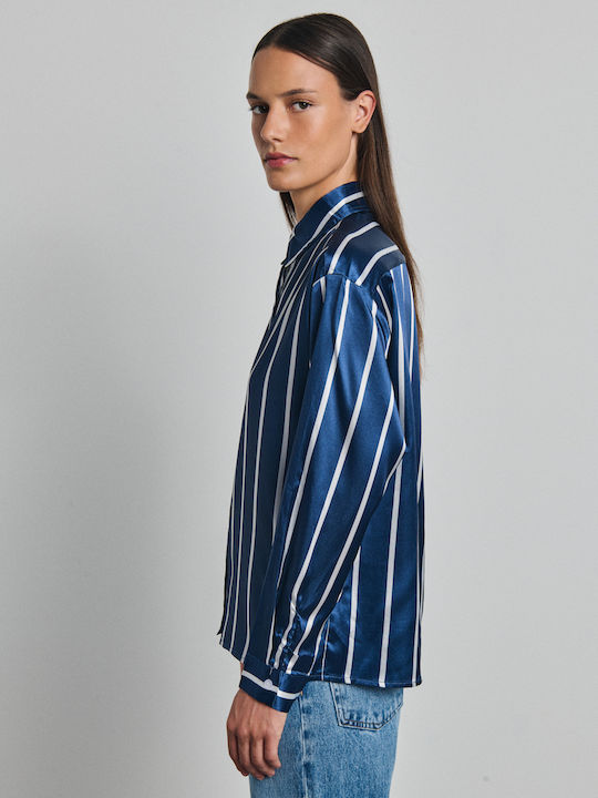 Langärmeliges Damenhemden Satin Blauen Gestreift
