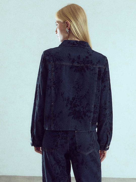 Γυναικείο Μπουφάν Denim Ανάγλυφες Λεπτομέρειες Σκούρο Μπλε