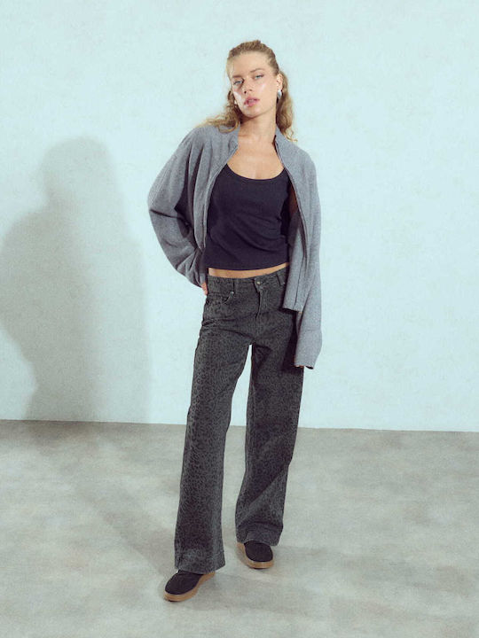 Celestino Дамски Джинси Wide Leg Леопард Loose Fit Тъмно Сиви
