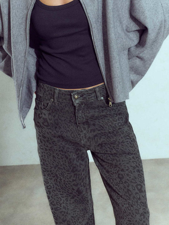 Celestino Дамски Джинси Wide Leg Леопард Loose Fit Тъмно Сиви