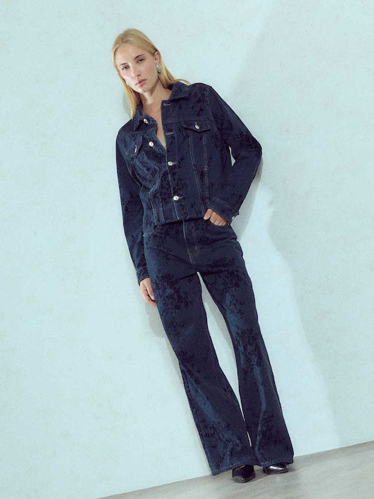 Celestino Women's Wide-Leg Jeans with Textured Details Loose Fit Dark Blue