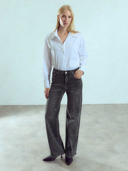 Celestino Damen Jeans Wide Bein Strass Lose Passform Dunkelgrau