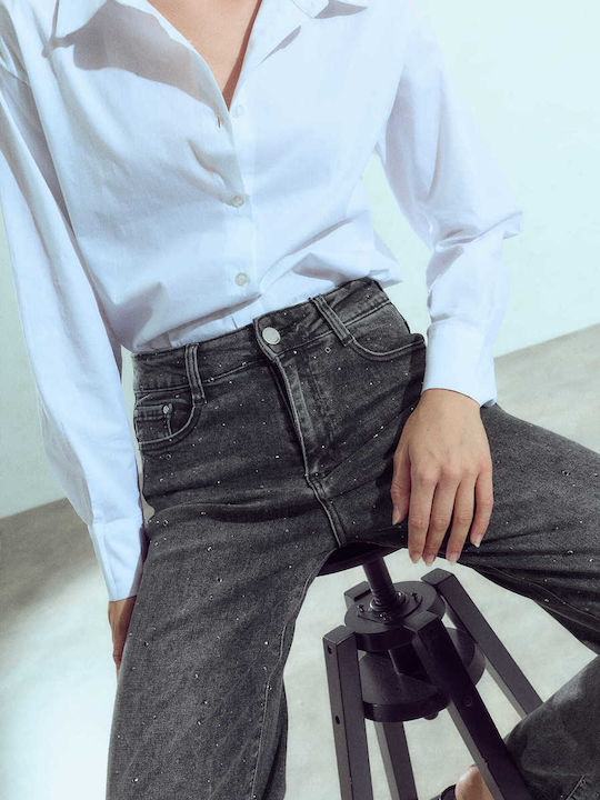 Celestino Damen Jeans Wide Bein Strass Lose Passform Dunkelgrau
