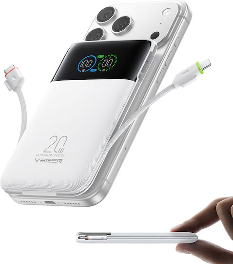Veger Fuerza 10 Външна батерия 10000mAh 20W с USB-A порт и 2 USB-C порта Power Delivery / Quick Charge Бяла