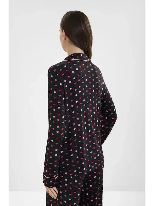 DKNY Летен Дамски Комплект Пижами Черен С Червени И Розови Устни